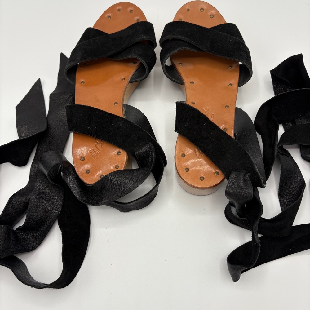 Eva Credo Size 6 Luxury Black Brown Sandals 25” Wrap Design Wood Suede Boho